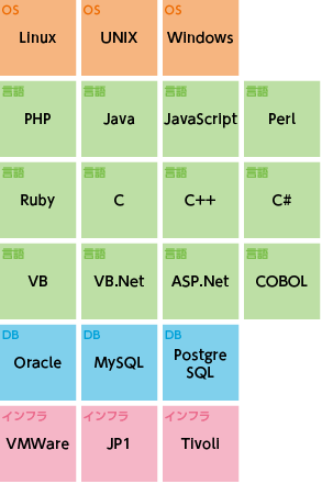 Linux、UNIX、Windows、PHP、Java、JavaScript、Perl、Ruby、C、C++、C#、VB、VB.Net、ASP.Net、COBOL、Oracle、MySQL、PostgreSQL、VMWare、JP1、Tivoll